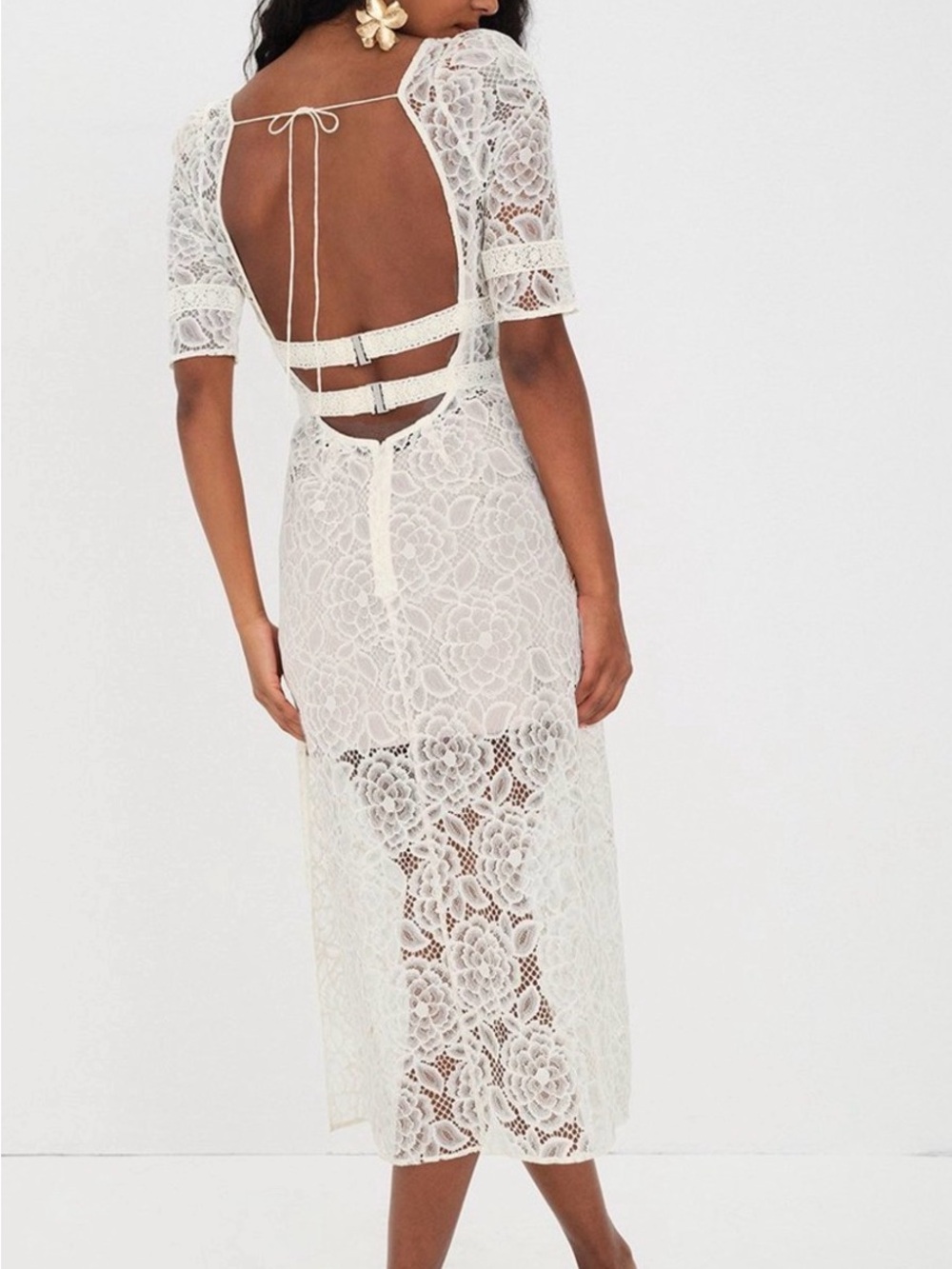 For Love & Lemons Marilyn Ivory Lace Open Back Side Slits Midi Dress M $288